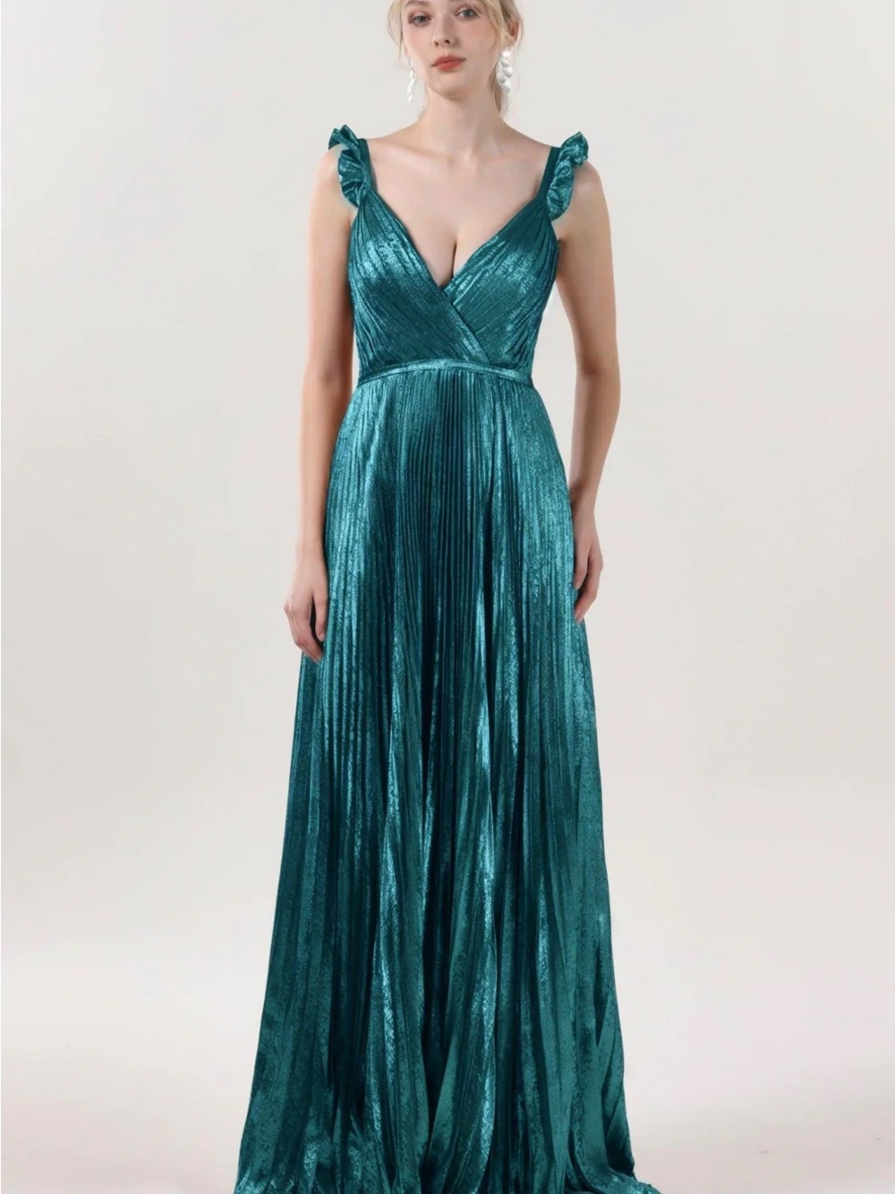 Teal Metallic Pleated V-Neck Maxi Dress